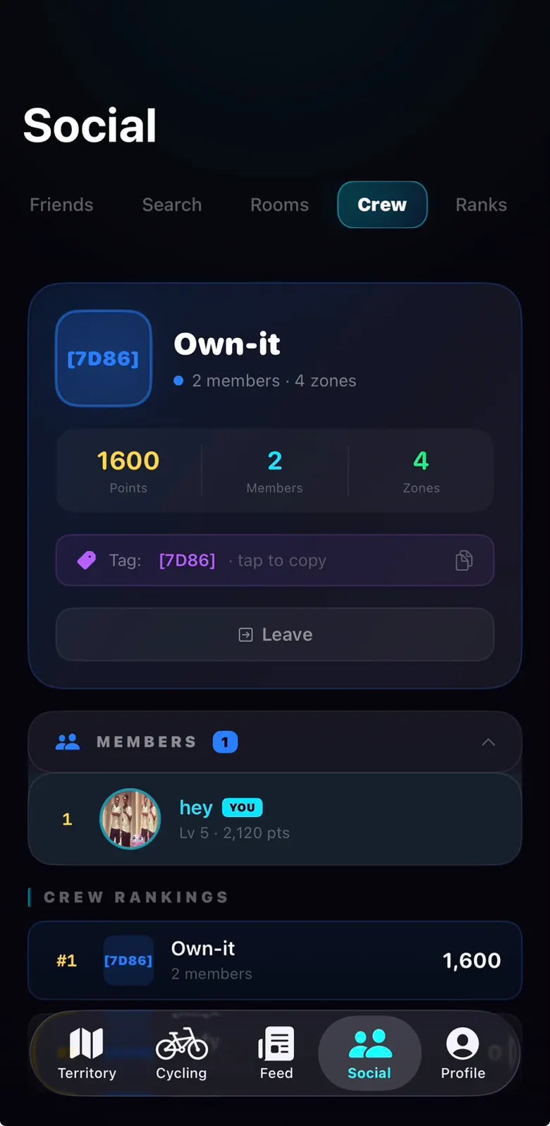Own-it crew screen for the Own-it crew showing pooled points, member count, zones held, a shareable crew tag and the crew rankings.